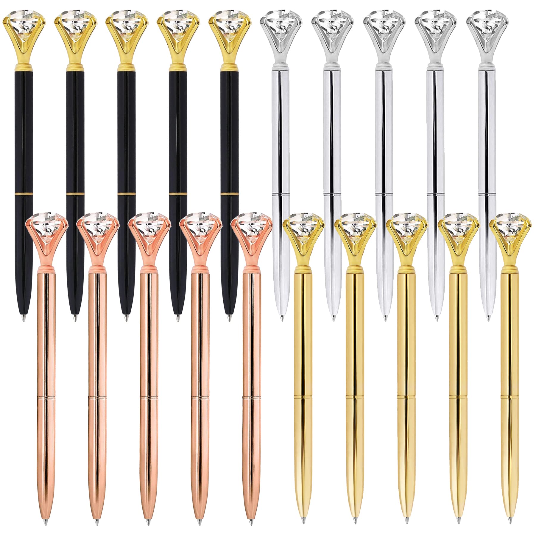 ETCBUYS Multi-Color Diamond Ballpoint Pen for Stylish Fancy Office Supplies- 20-Pack-Black-Silver-Rose-Gold